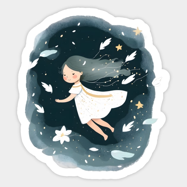 Ethereal White Dress Girl Soaring Amongst Stars and Flowers Sticker by Anicue